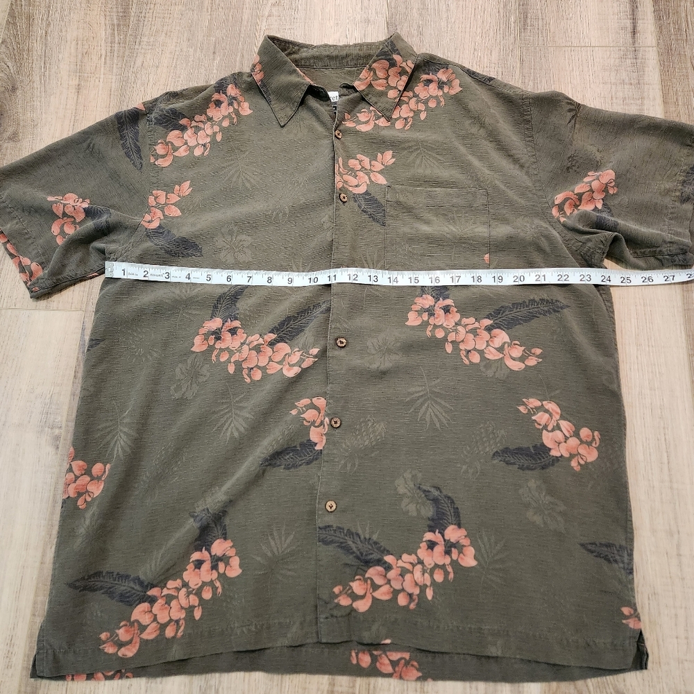 Firethorn Hawaiian Silk Shirt, Men's Large, Olive Green, Short Sleeve, Floral - Picture 7 of 9